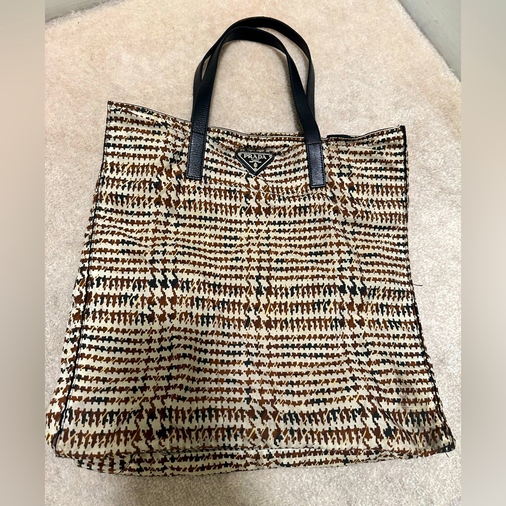 Authentic Prada nylon print tote bag with leather strap